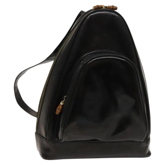 GUCCI Bamboo Shoulder Bag Enamel Black 003 2113 0127 Auth bs25525 - Picture 1 of 15